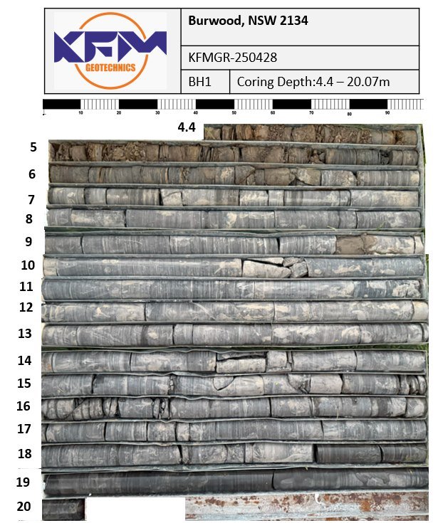 Rock core from borehole BH1, Burwood NSW, cored 4.4–20.07 m