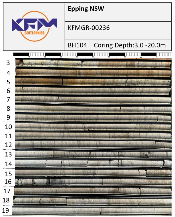 Rock core from borehole BH104, Epping NSW, cored 3.0–20.0 m