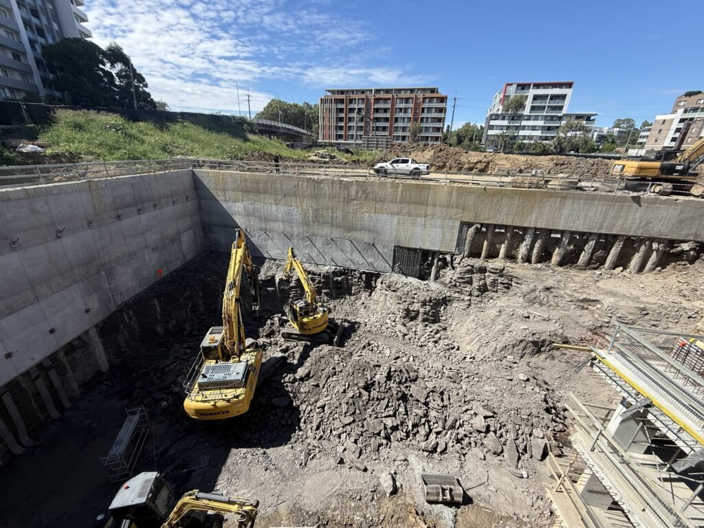 Basement excavation and shoring wall at the Merrylands 22-storey development, NSW